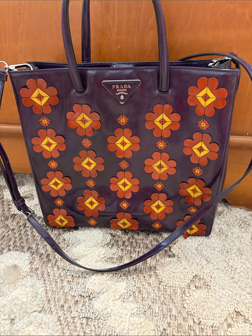 Prada Purple Leather Tote with Orange and Yellow Floral Appliqués